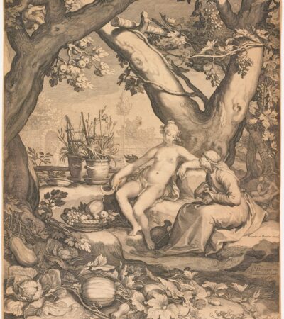 The story of Vertumnus and Pomona dates to Roman antiquity, and made popular in Ovid’s "Metamorphoses." Vertumnus, the god of seasonal change, seduced Pomona, the goddess of orchards and gardens—her name remaining familiar through the word pomegranate. Jan Saenredam (1605) Digital Public Library.