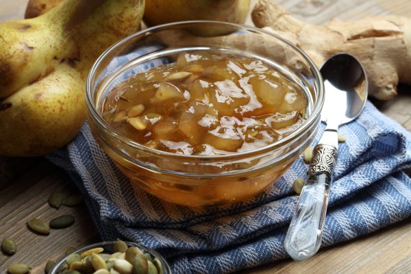 Homemade pear jam with ginger and pumpkin seeds